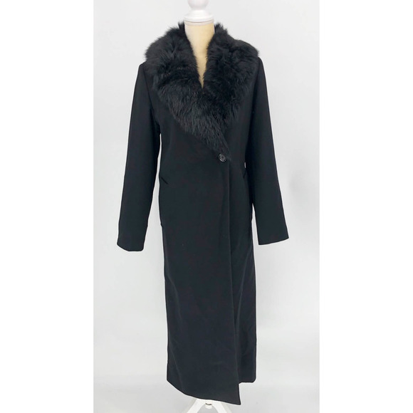 Sofia Cashmere Women Long Full Length Coat 6 Black Fur Collar Wool Cashmere NWOT - Picture 1 of 13